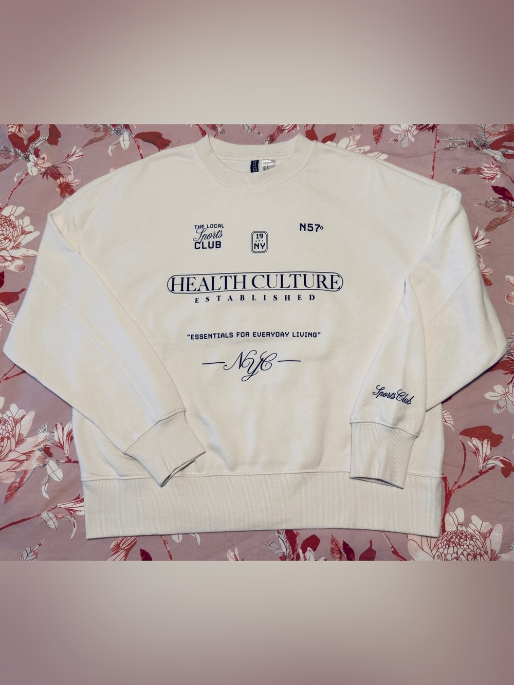 Divided White Graphic Crewneck Sweatshirt with Navy Print